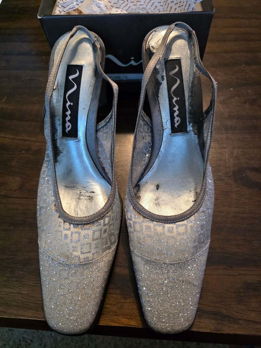Nina Flame-TS Silver Glitter Mesh Square Toe Slingback Heels Size 9M